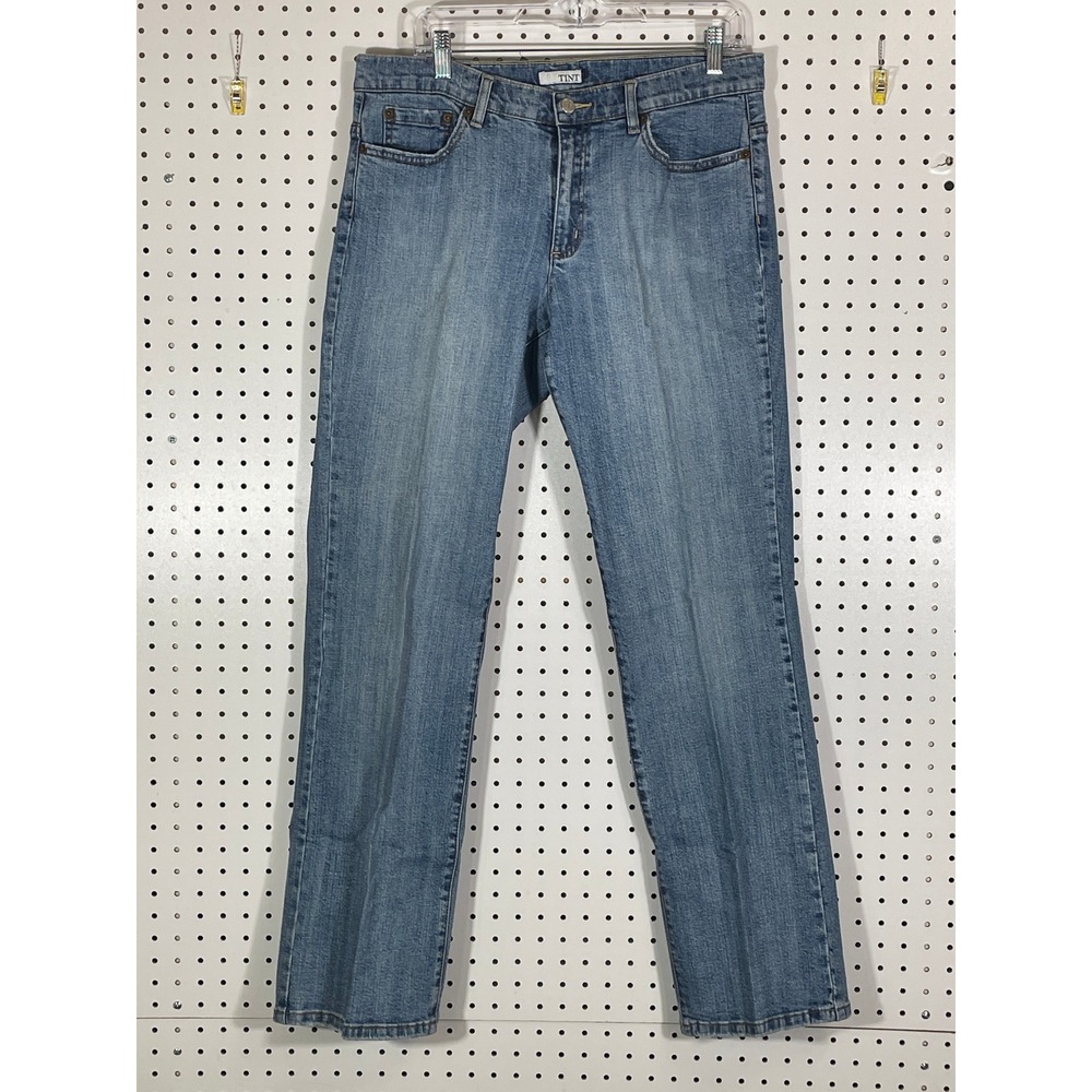 Tint Womens Straight Leg Jeans Medium Wash Blue Denim Size 12 Mid Rise Stretch